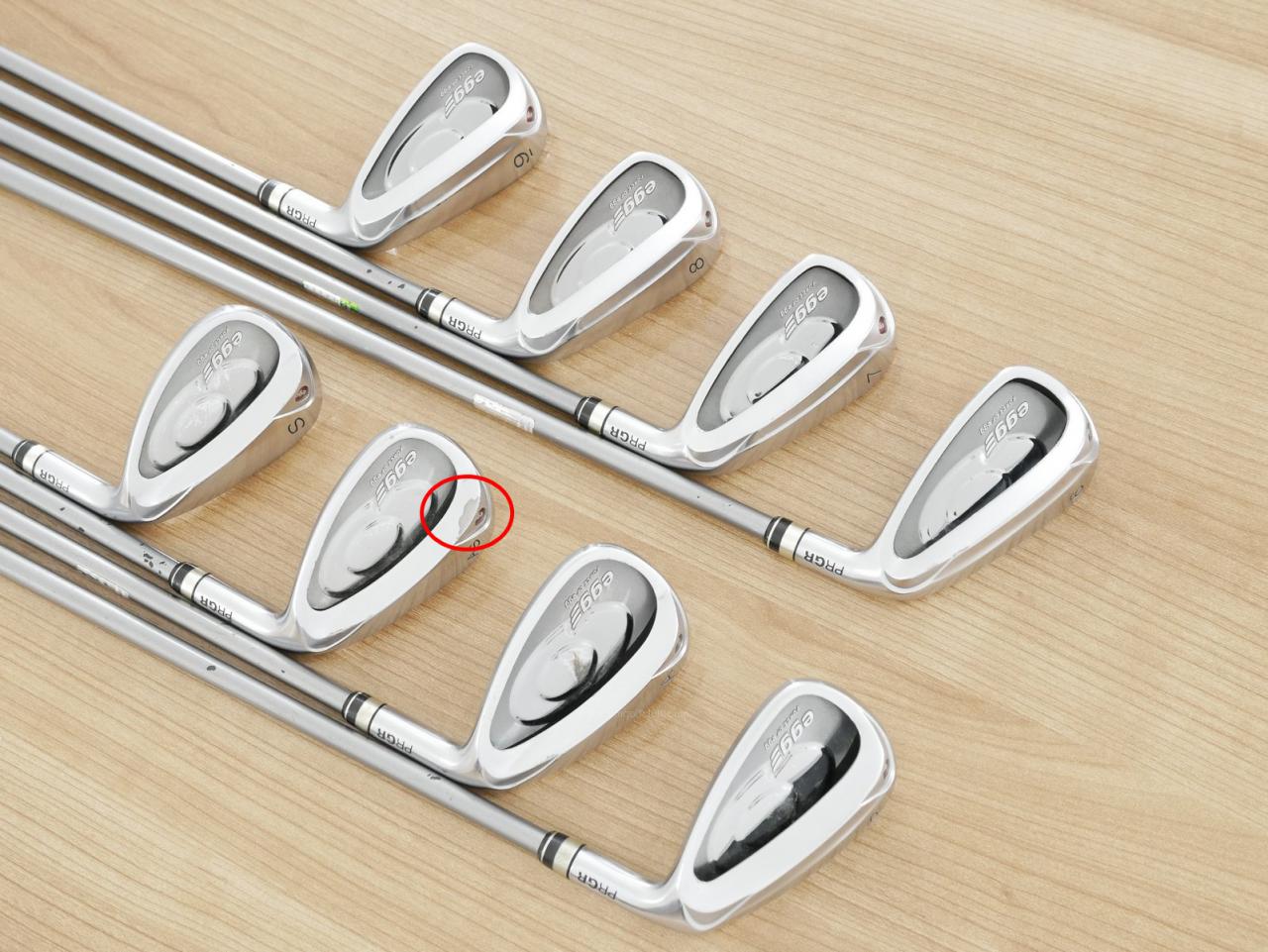 Iron set : PRGR : **มีตำหนิ** ชุดเหล็กกระเทย PRGR Egg PC (รุ่นปี 2019 ตีง่ายและไกลมากๆ โกงสุดๆ) มีเหล็ก 6-Pw,Aw,As,Sw (8 ชิ้น) ก้านกราไฟต์ M-40 Flex SR