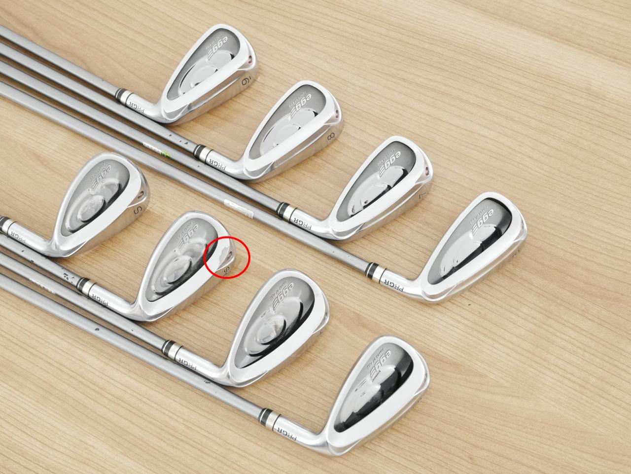 Iron set : PRGR : **มีตำหนิ** ชุดเหล็กกระเทย PRGR Egg PC (รุ่นปี 2019 ตีง่ายและไกลมากๆ โกงสุดๆ) มีเหล็ก 6-Pw,Aw,As,Sw (8 ชิ้น) ก้านกราไฟต์ M-40 Flex SR